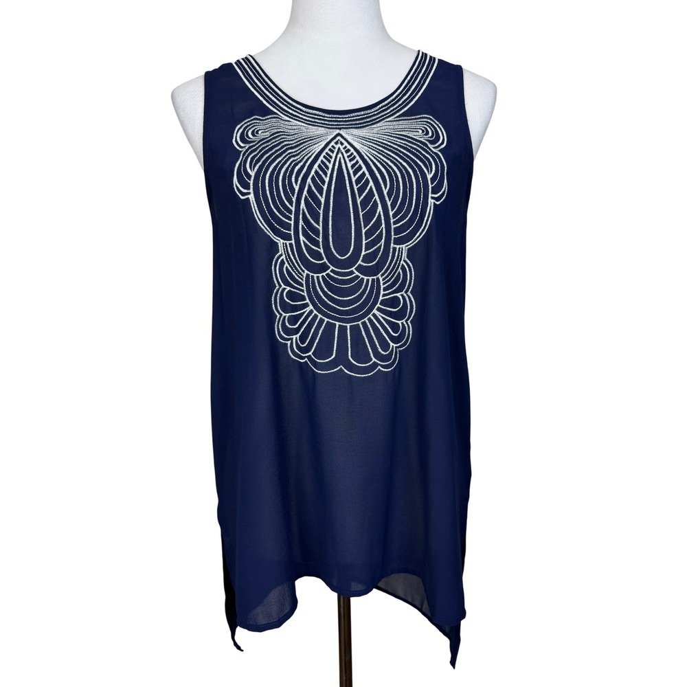 Ya Los Angeles L Navy Blue Silk Blend Embroidered Tunic Top Sleeveless Feminine